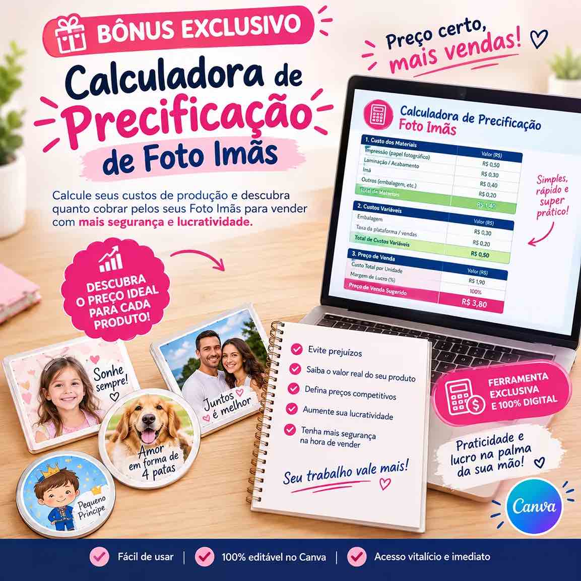 Mockup do bônus 3: Calculadora de Precificação de Foto Imãs