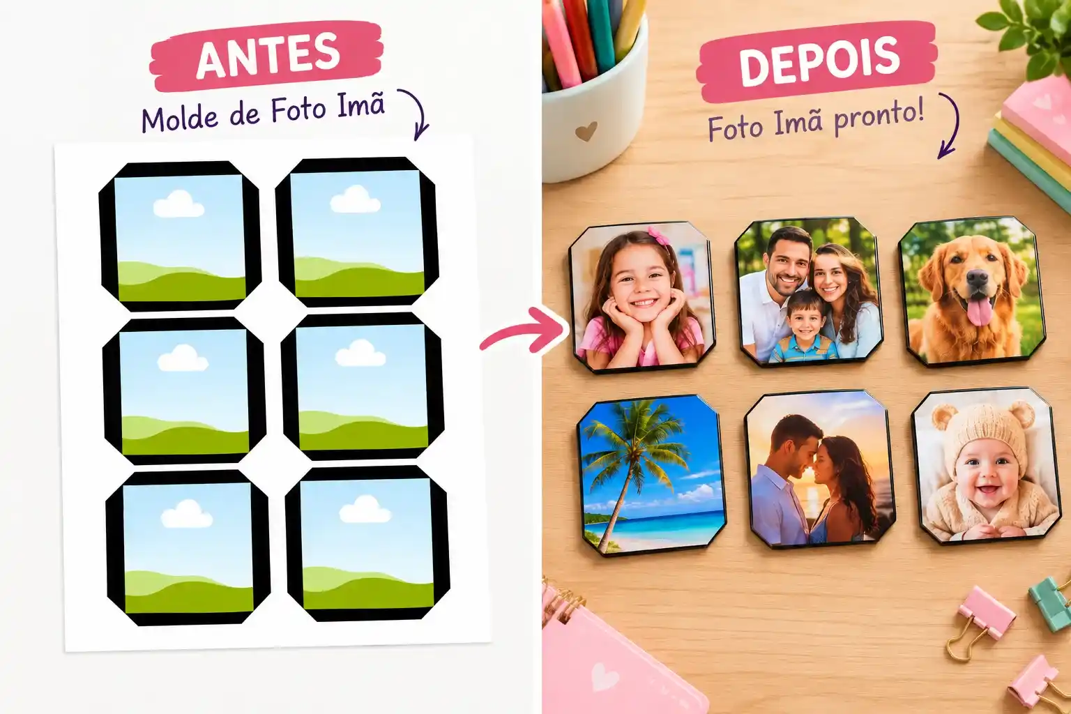 Antes e depois: molde de Foto Imã com cantos chanfrados e os imãs prontos